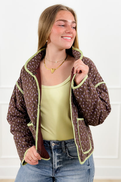 Floral Print Quilted Long Sleeve Jacket with Piping Trim - Freckled Poppy