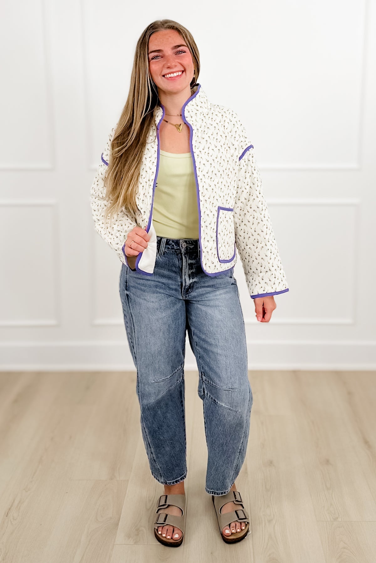 Floral Print Quilted Long Sleeve Jacket with Piping Trim - Freckled Poppy