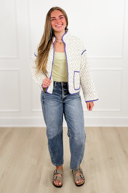 Floral Print Quilted Long Sleeve Jacket with Piping Trim - Freckled Poppy