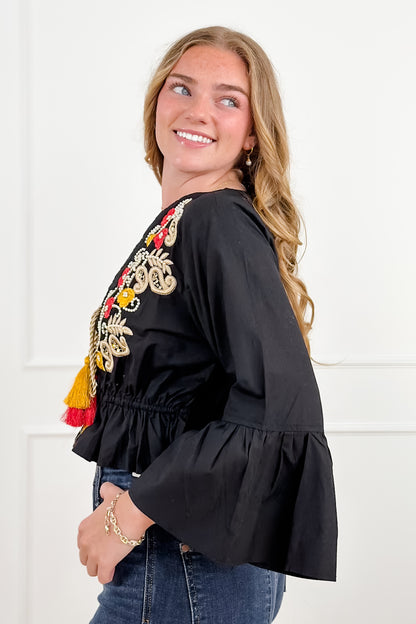 POL Black Embroidered V-Neck Elastic Waist Top - Freckled Poppy