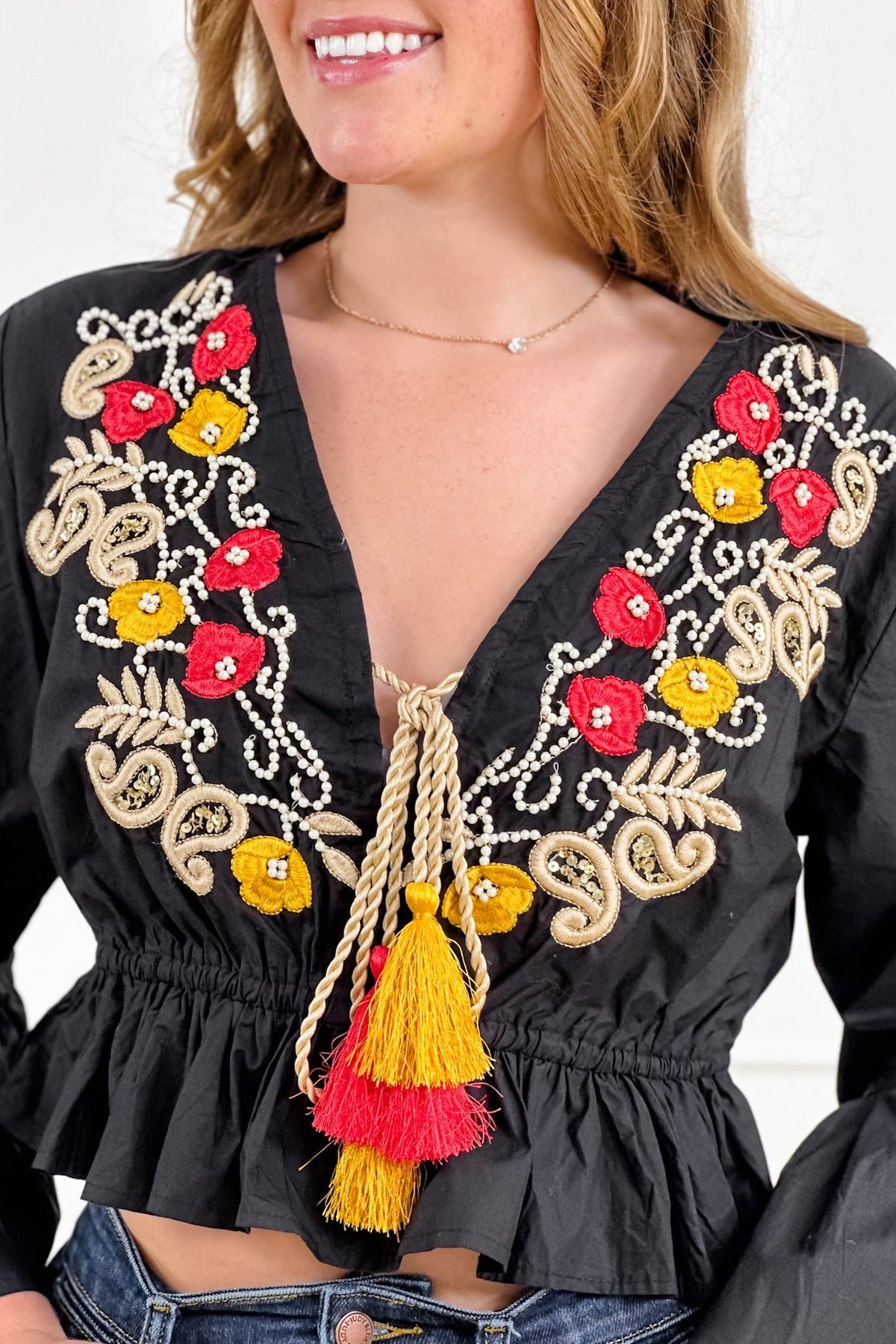 POL Black Embroidered V-Neck Elastic Waist Top - Freckled Poppy