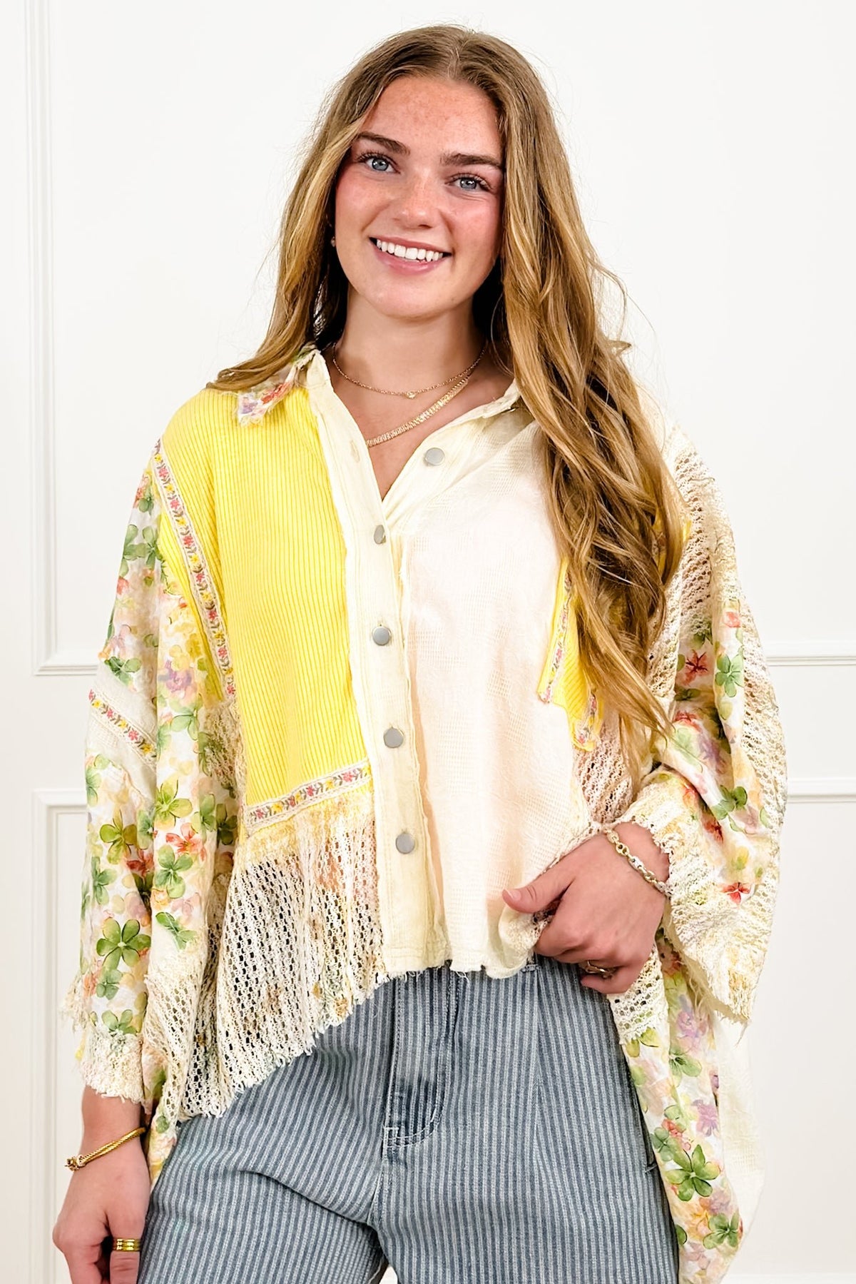 POL Textured 3/4 Sleeve Button Up Top with Flowers - Freckled Poppy