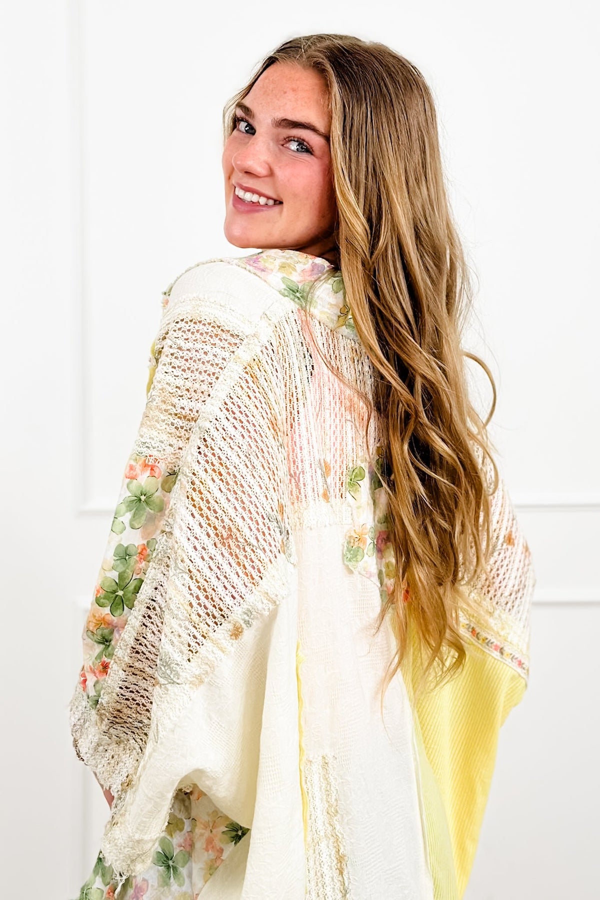 POL Textured 3/4 Sleeve Button Up Top with Flowers - Freckled Poppy