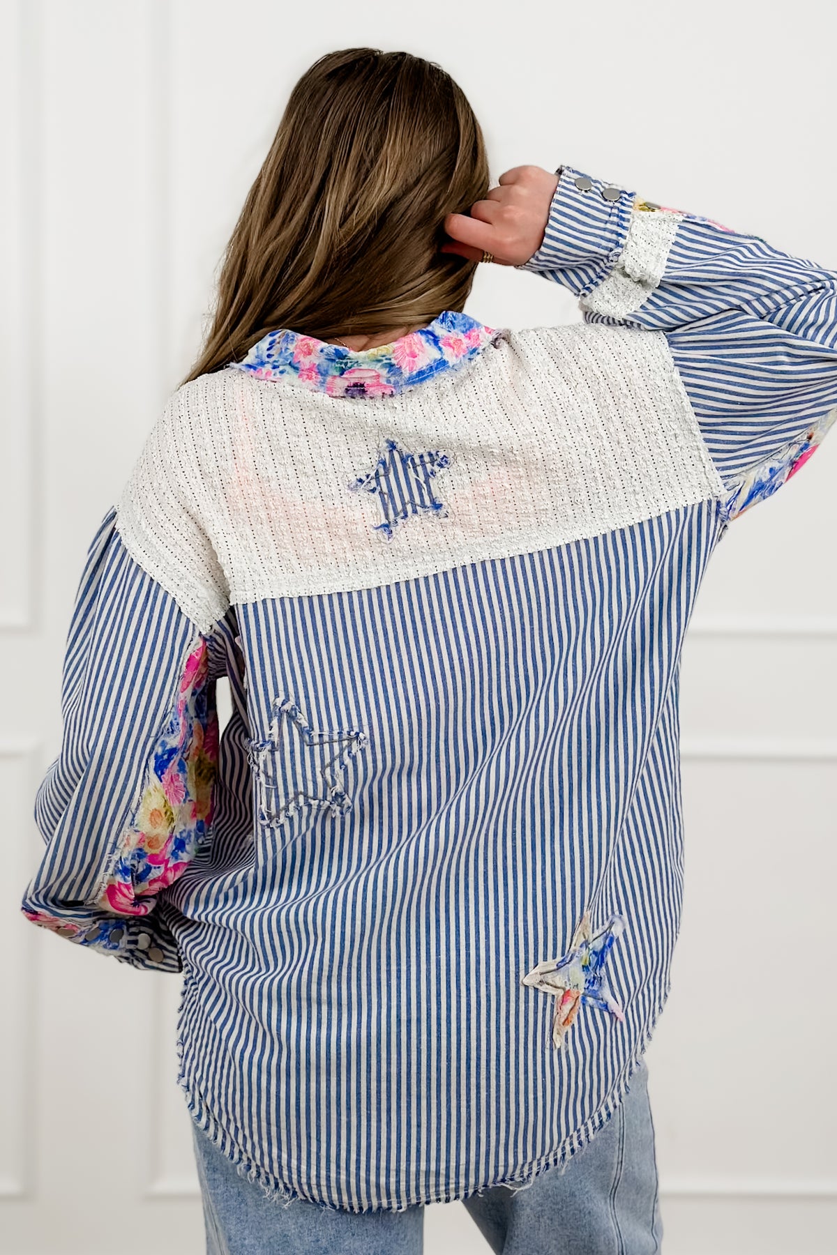 POL Stripe Long Sleeve Button Up Top with Star Patches - Freckled Poppy