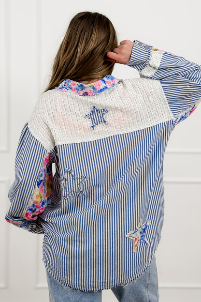 POL Stripe Long Sleeve Button Up Top with Star Patches - Freckled Poppy