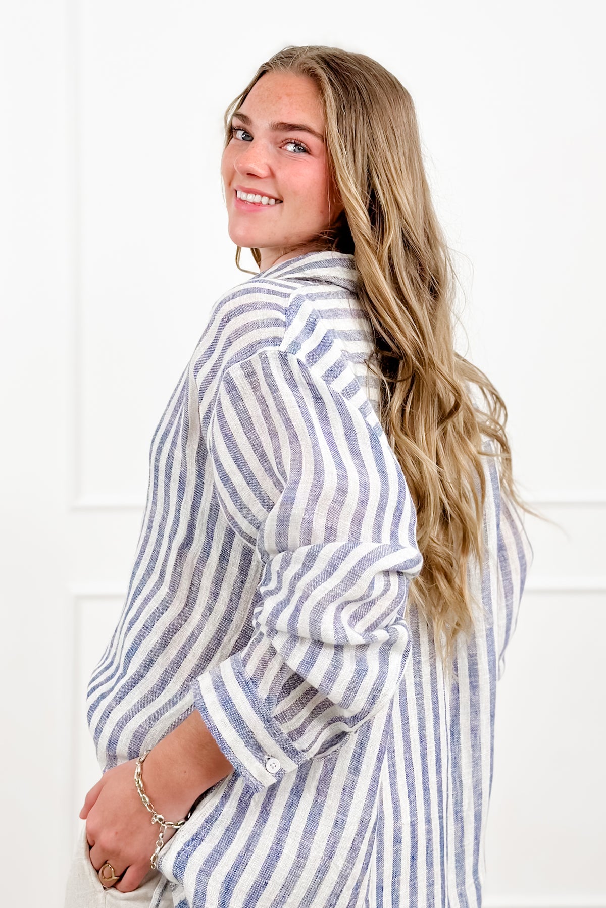 POL Stripe Linen Long Sleeve Button Down Hi-Lo Top - Freckled Poppy
