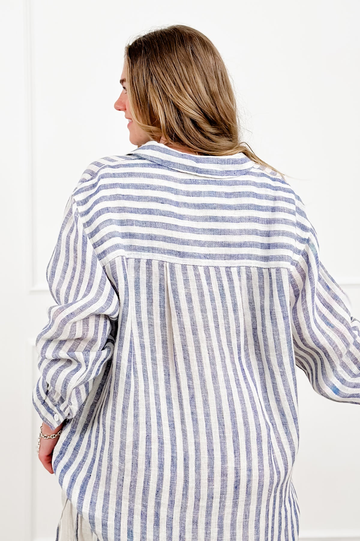 POL Stripe Linen Long Sleeve Button Down Hi-Lo Top - Freckled Poppy