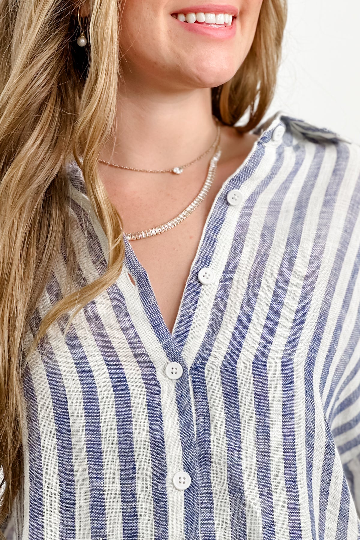 POL Stripe Linen Long Sleeve Button Down Hi-Lo Top - Freckled Poppy