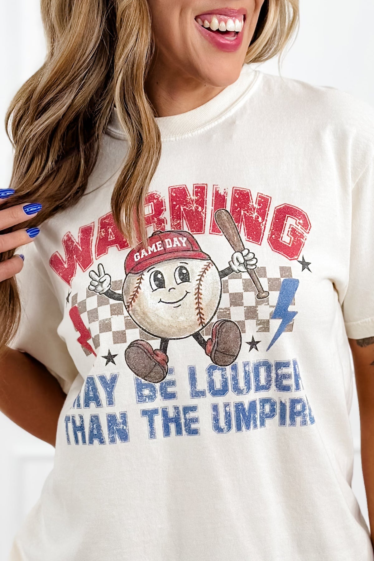 Plus/Reg Short Sleeve "Warning..." Baseball Graphic Tee - Freckled Poppy