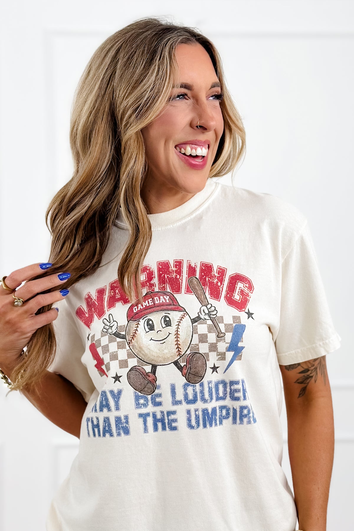 Plus/Reg Short Sleeve "Warning..." Baseball Graphic Tee - Freckled Poppy