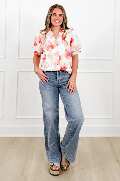 Floral Print Short Puff Sleeve Ruffle Top - Freckled Poppy