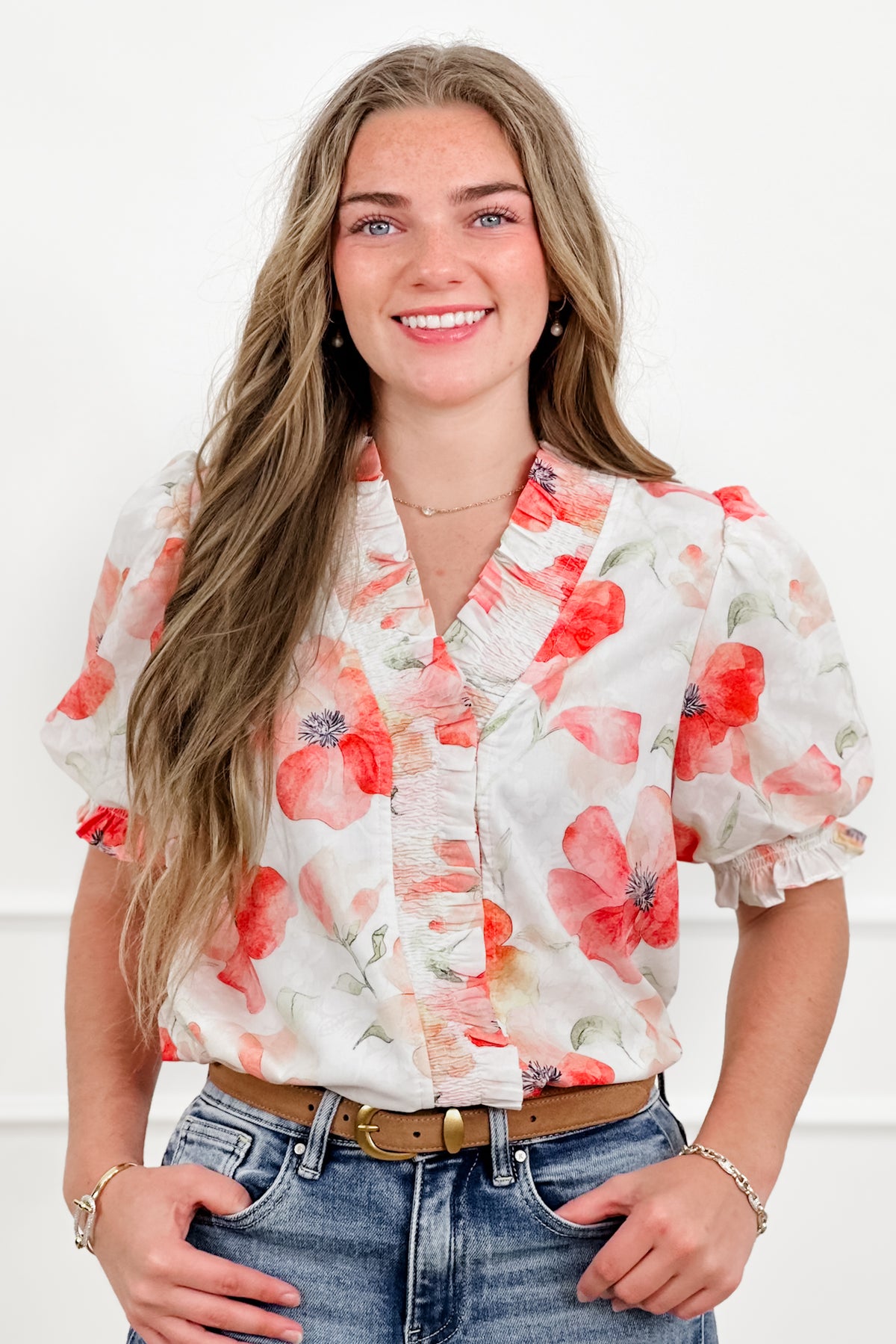 Floral Print Short Puff Sleeve Ruffle Top - Freckled Poppy