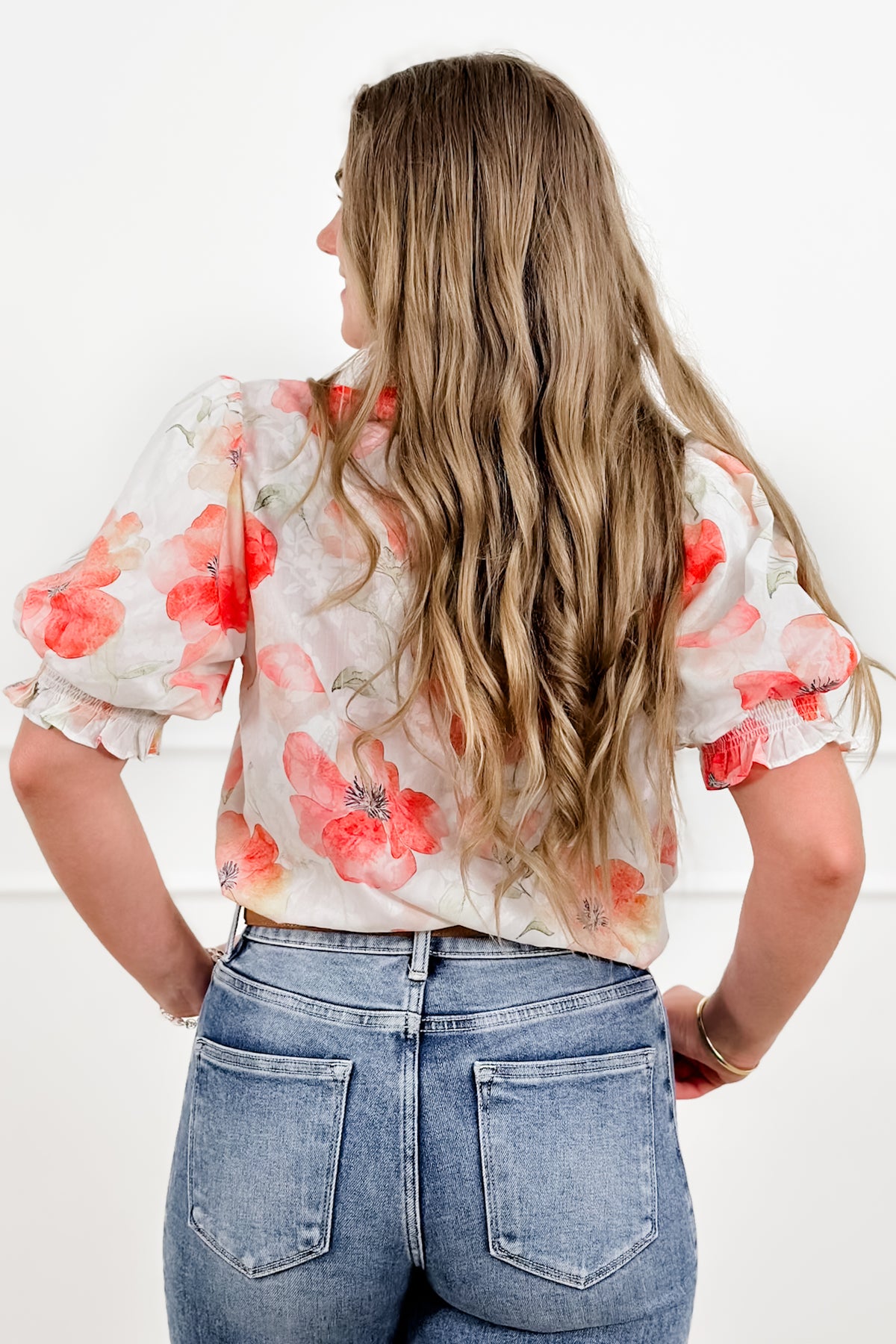 Floral Print Short Puff Sleeve Ruffle Top - Freckled Poppy