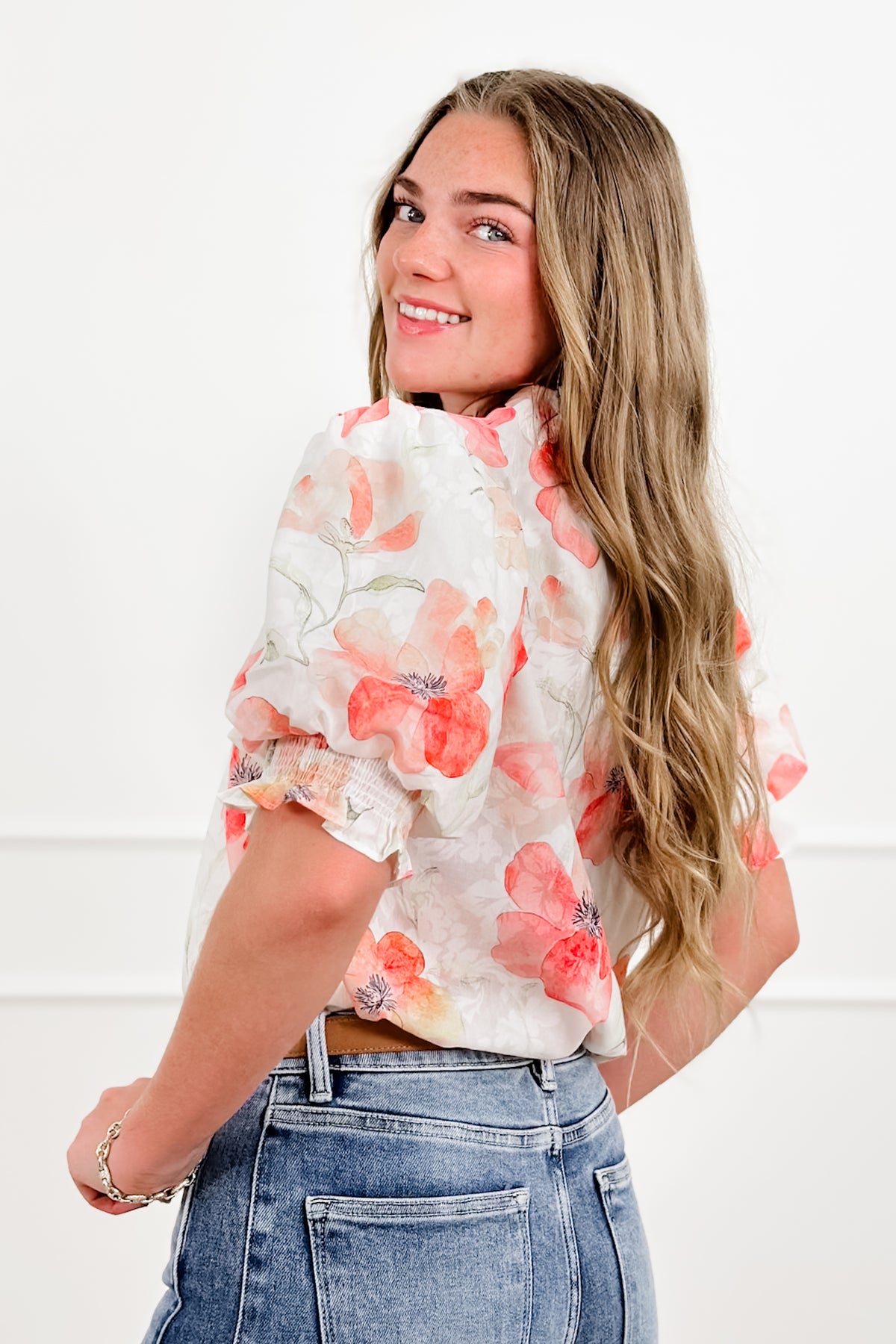 Floral Print Short Puff Sleeve Ruffle Top - Freckled Poppy