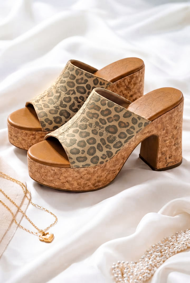Blowfish Poznan Animal Print Chunky Cork Platform Heel Slides - Freckled Poppy
