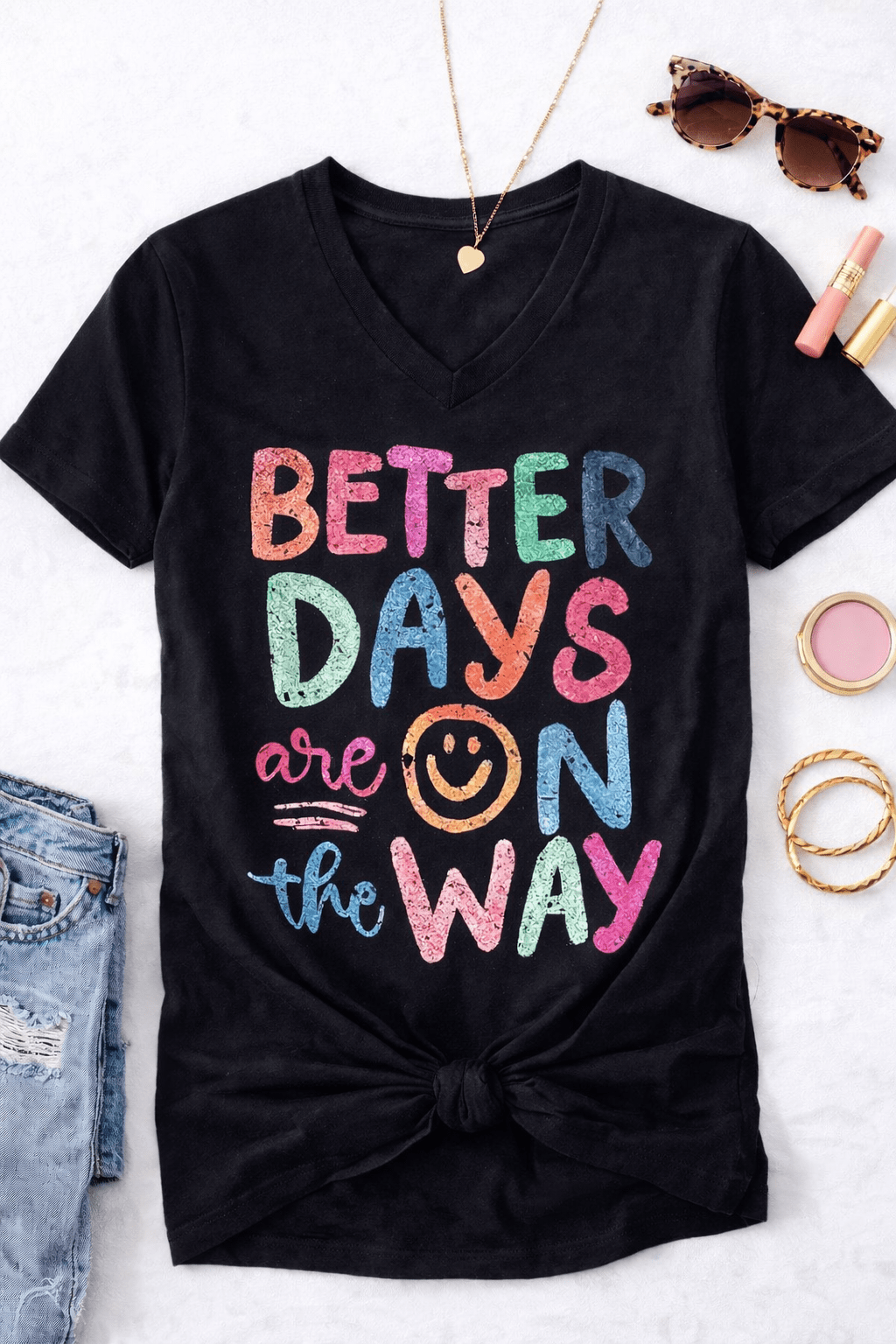 Plus/Reg Short Sleeve V Neck "Better Days Are On The Way" Graphic Tee - Freckled Poppy