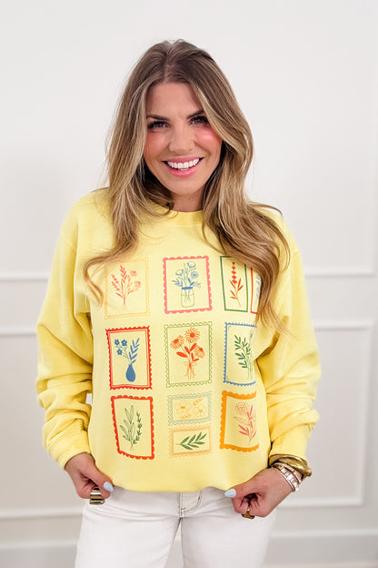 Plus/Reg Long Sleeve Vintage Floral Stamp Graphic Pullover - Freckled Poppy