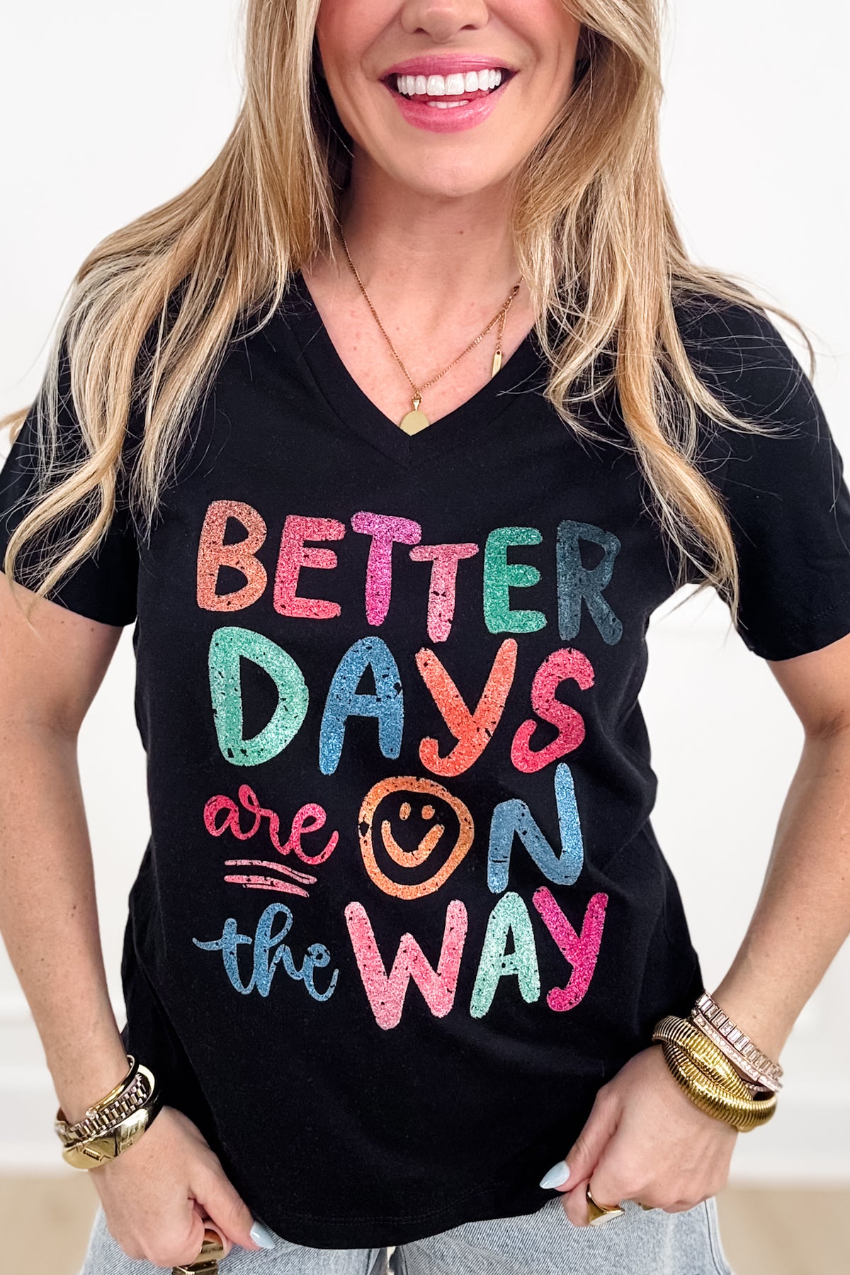 Plus/Reg Short Sleeve V Neck "Better Days Are On The Way" Graphic Tee - Freckled Poppy