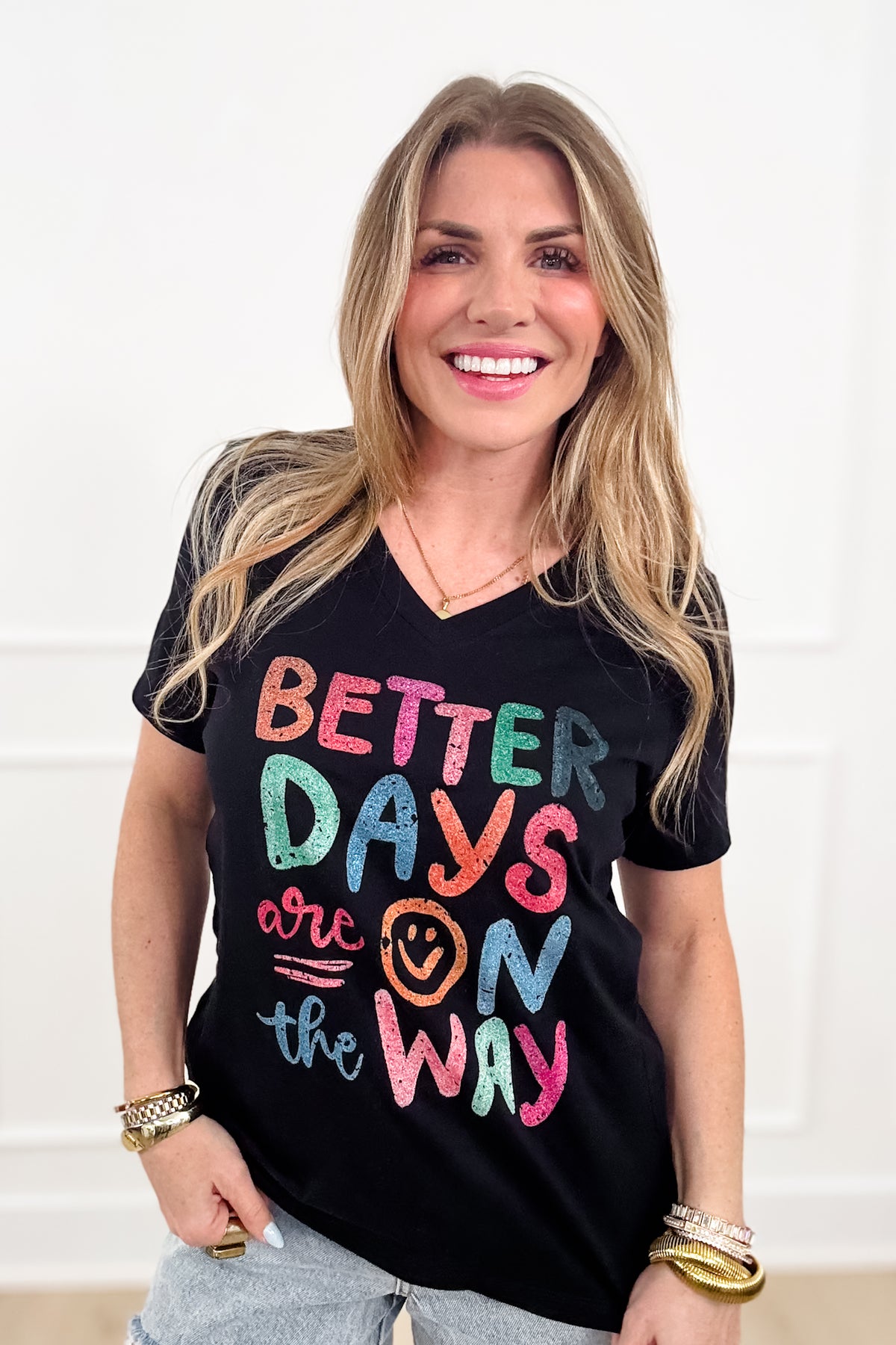 Plus/Reg Short Sleeve V Neck "Better Days Are On The Way" Graphic Tee - Freckled Poppy