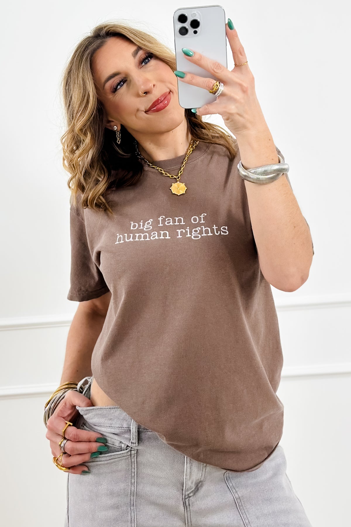 Plus/Reg Short Sleeve Espresso "Big Fan of Human Rights" Graphic Tee - Freckled Poppy