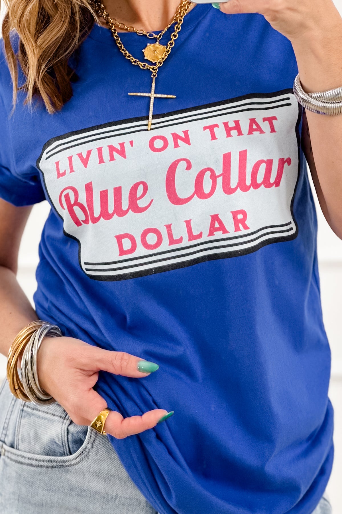 Plus/Reg Short Sleeve "Livin' On That Blue Collar Dollar" Graphic Tee - Freckled Poppy