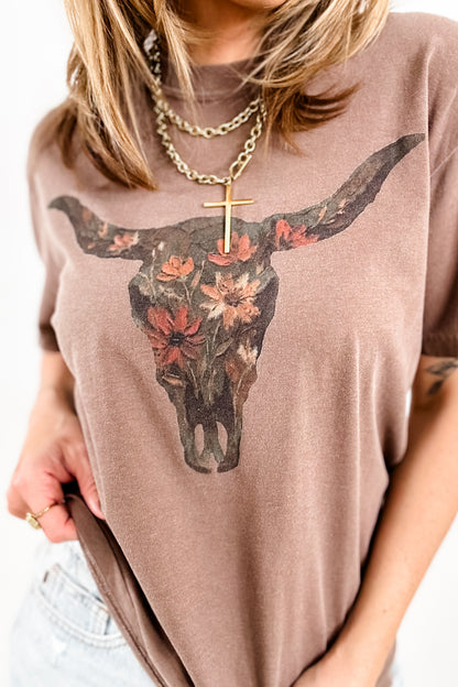Plus/Reg Short Sleeve "Floral Longhorn" Graphic Tee - Freckled Poppy