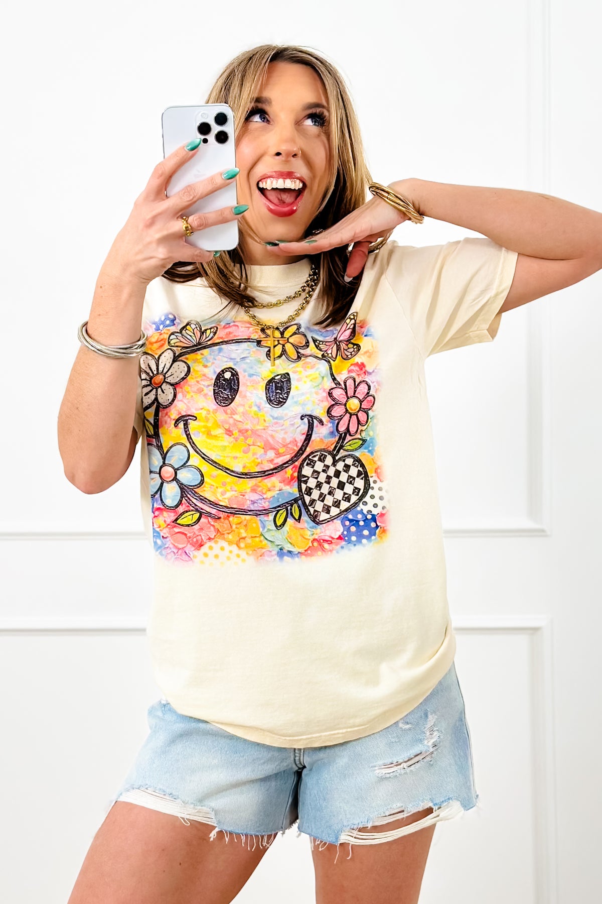 Plus/Reg Short Sleeve "Smilely Face" Graphic Tee - Freckled Poppy