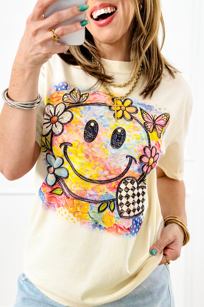 Plus/Reg Short Sleeve "Smilely Face" Graphic Tee - Freckled Poppy