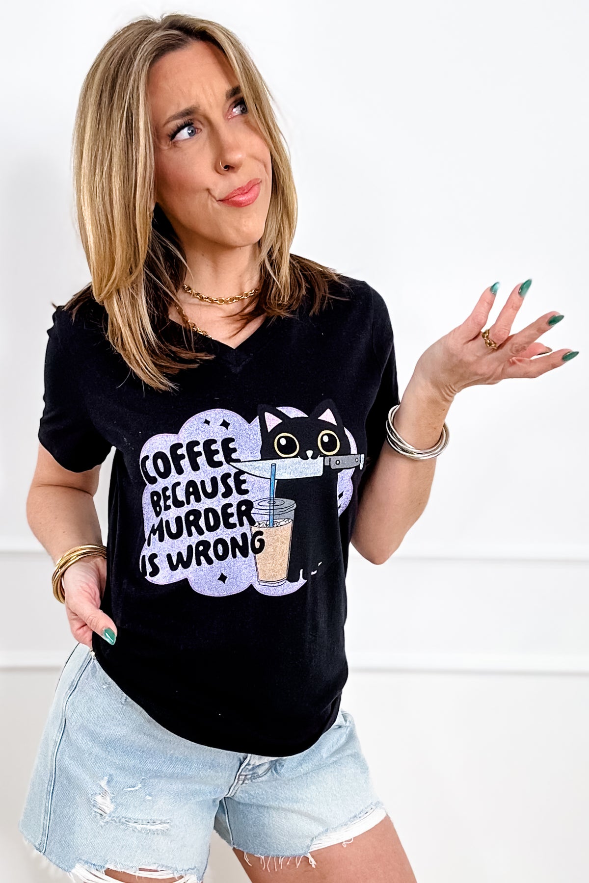 Plus/Reg Short Sleeve V Neck "Coffee Because Murder Is Wrong" Graphic Tee - Freckled Poppy
