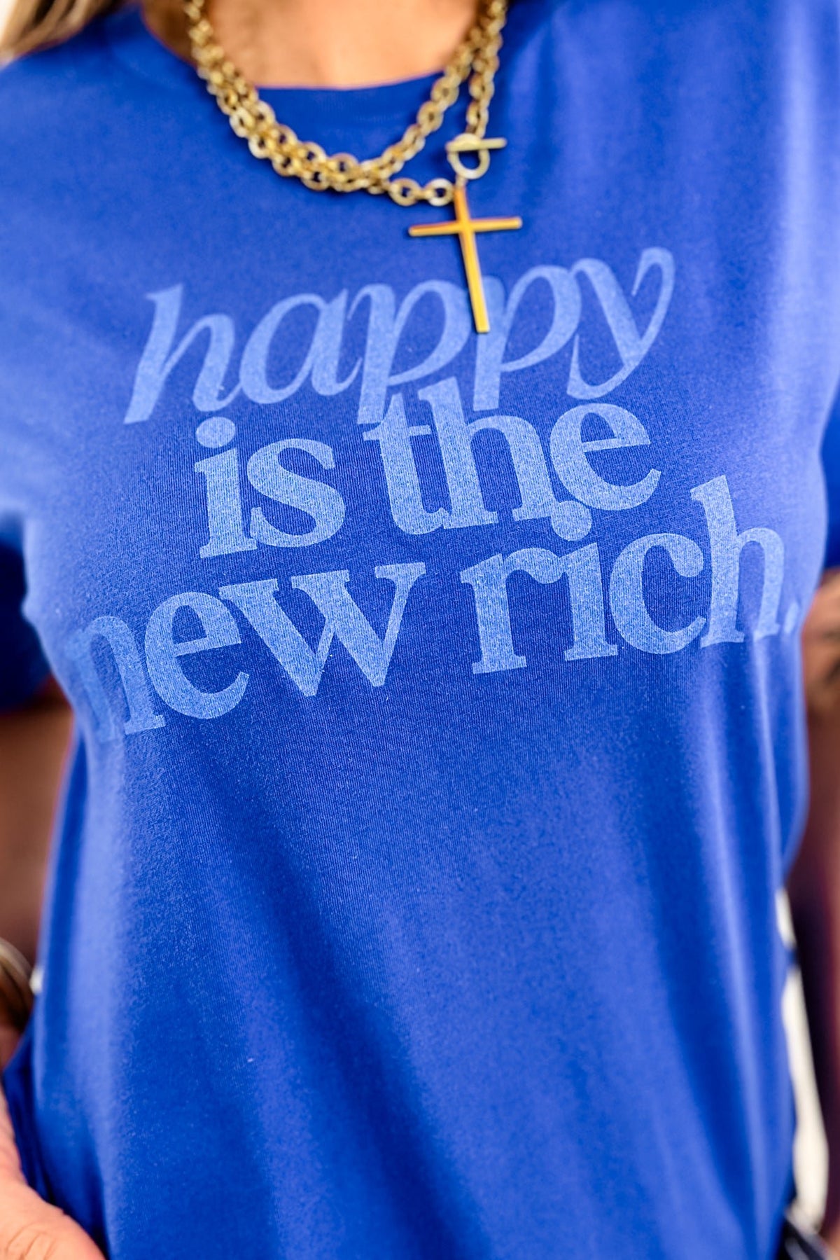 Plus/Reg Long Sleeve "Happy Is The New Rich" Graphic Tee - Freckled Poppy