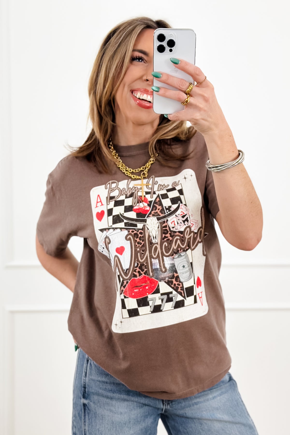 Plus/Reg Short Sleeve "Baby, I'm A Wild Card" Graphic Tee - Freckled Poppy