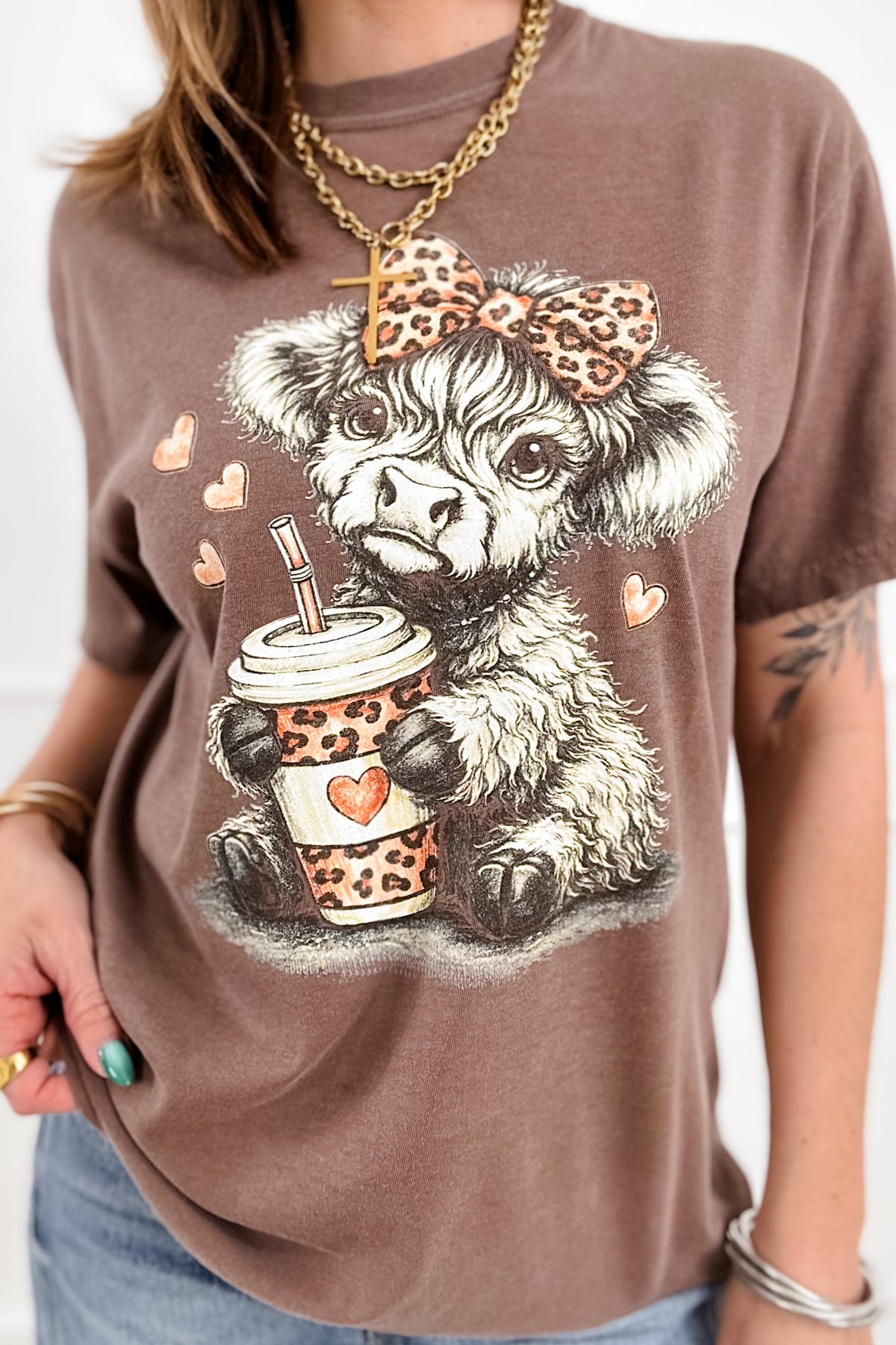 Plus/Reg Short Sleeve Cow with Coffee Graphic Tee - Freckled Poppy