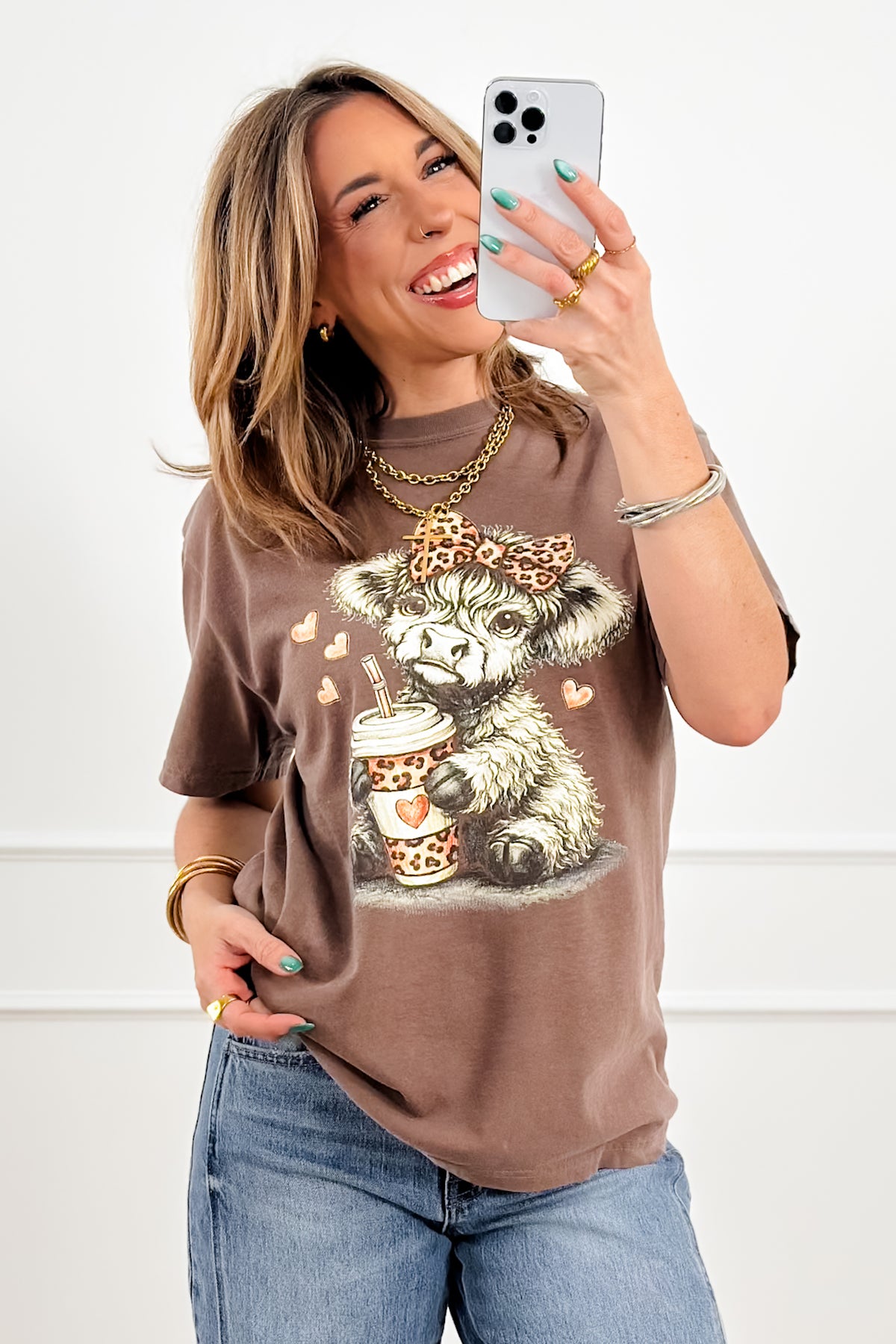Plus/Reg Short Sleeve Cow with Coffee Graphic Tee - Freckled Poppy