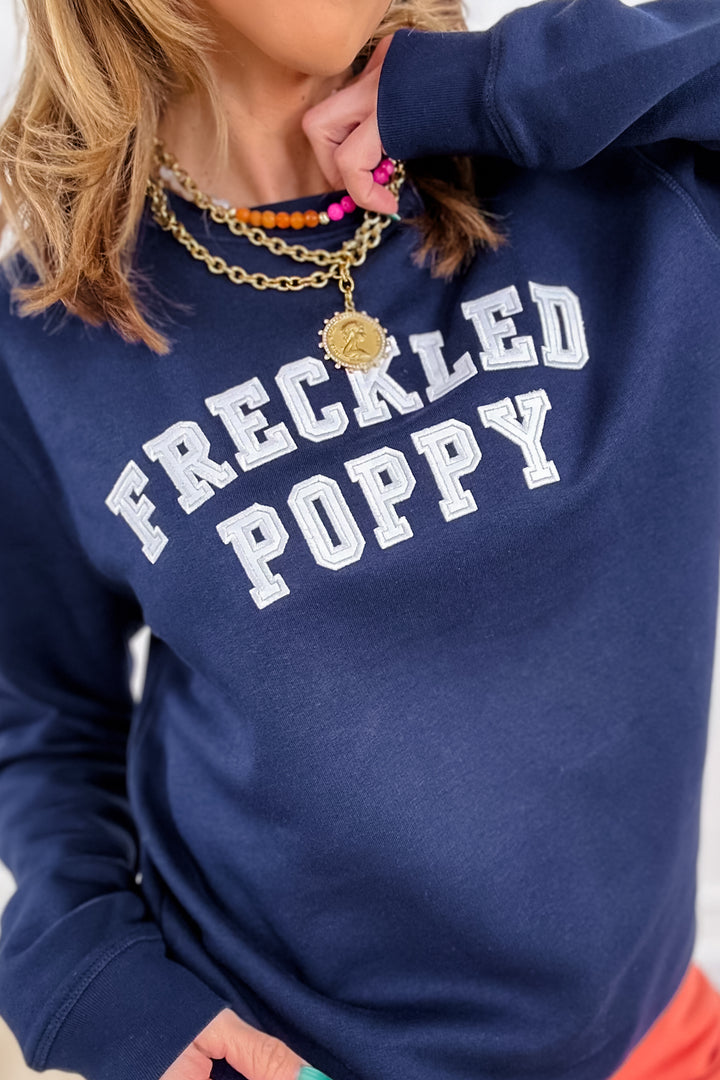 Plus/Reg Navy Long Sleeve Embroidered "Freckled Poppy" Sweatshirt - Freckled Poppy