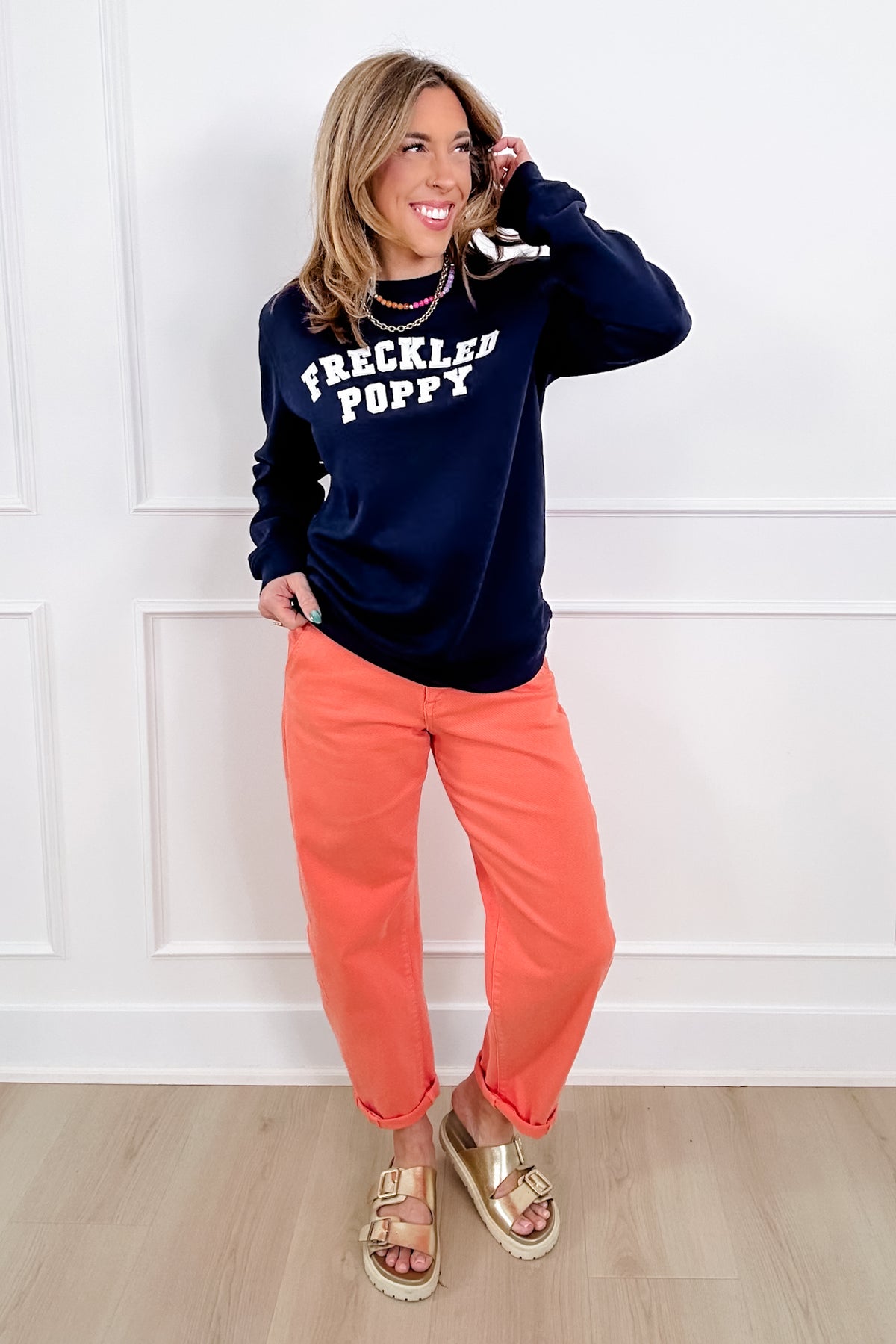 Plus/Reg Navy Long Sleeve Embroidered "Freckled Poppy" Sweatshirt - Freckled Poppy