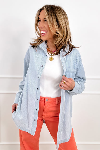 Restock! Plus/Reg Pin Stripe Long Sleeve Button Down Top - Freckled Poppy