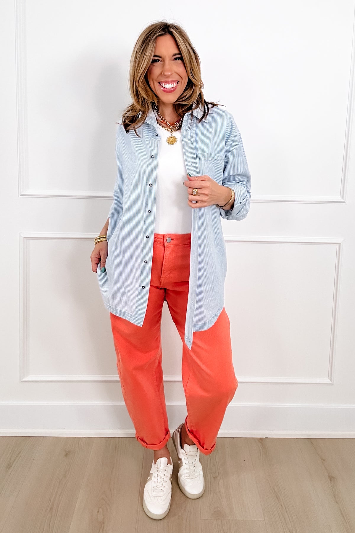 Restock! Plus/Reg Pin Stripe Long Sleeve Button Down Top - Freckled Poppy