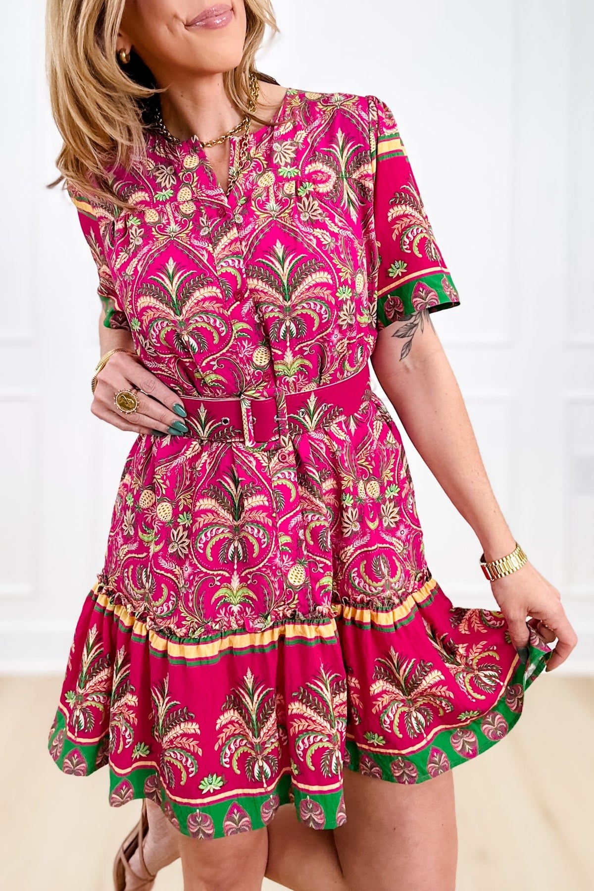 Tropical Print Short Sleeve Button Down Midi Dress - Freckled Poppy