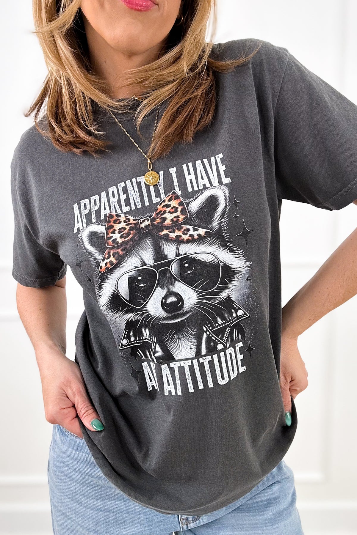 Plus/Reg Short Sleeve "Apparently I Have An Attitude Raccoon" Graphic Tee - Freckled Poppy