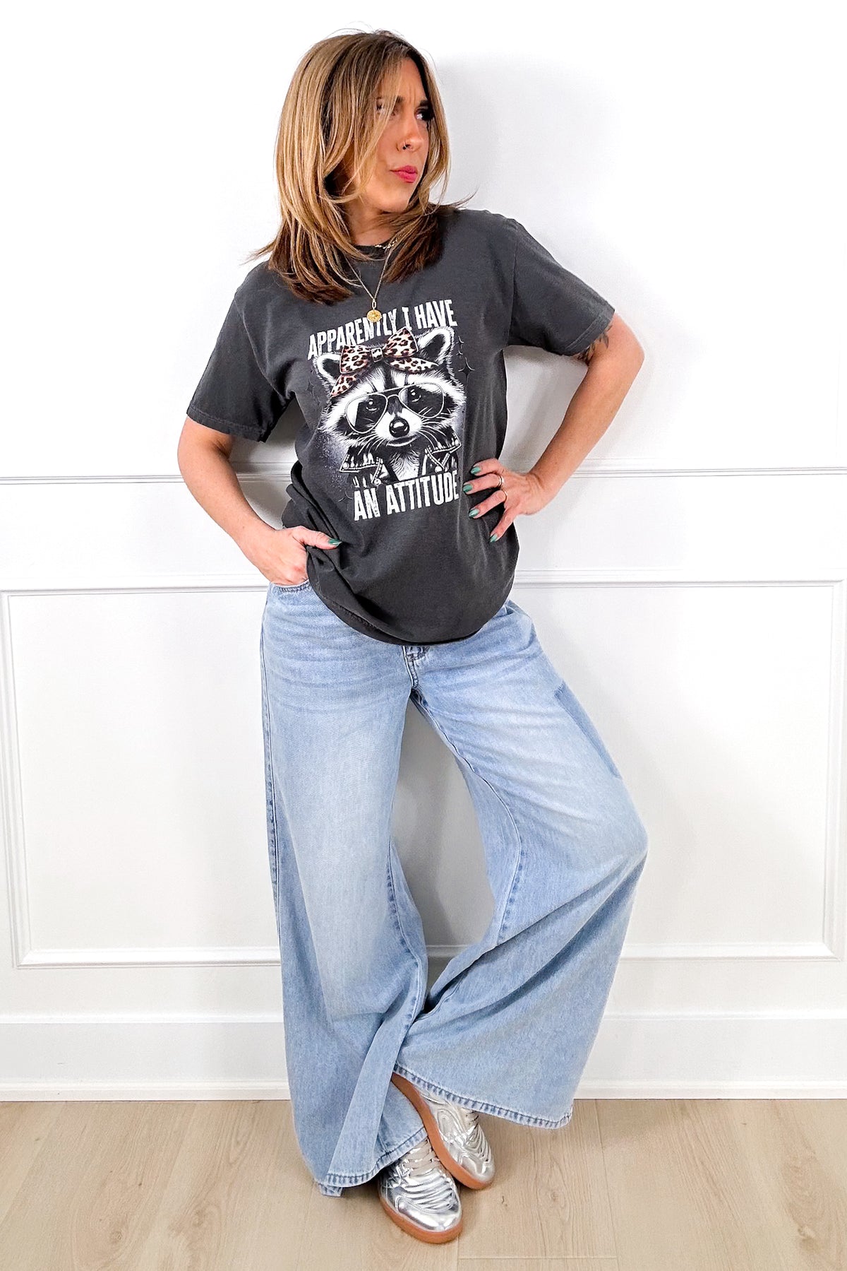 Plus/Reg Short Sleeve "Apparently I Have An Attitude Raccoon" Graphic Tee - Freckled Poppy