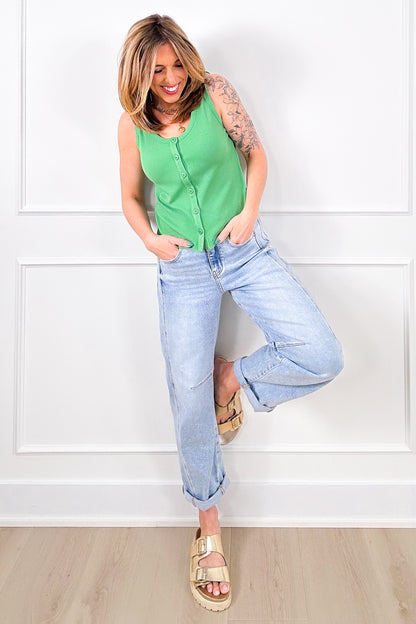 Ribbed Knit Button Down Tank Top - Freckled Poppy