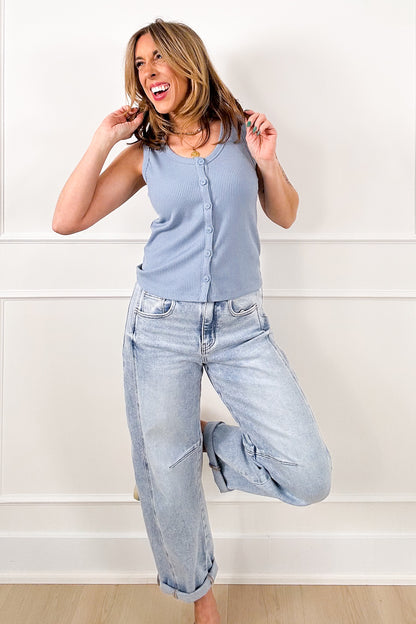 Ribbed Knit Button Down Tank Top - Freckled Poppy