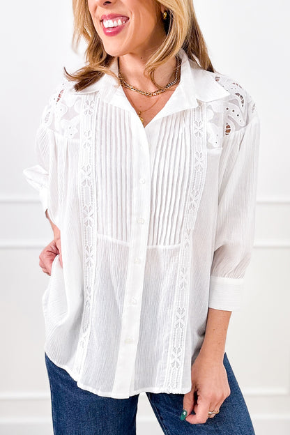 Ivory Dolman Sleeve Button Down Top with Lace Accent - Freckled Poppy