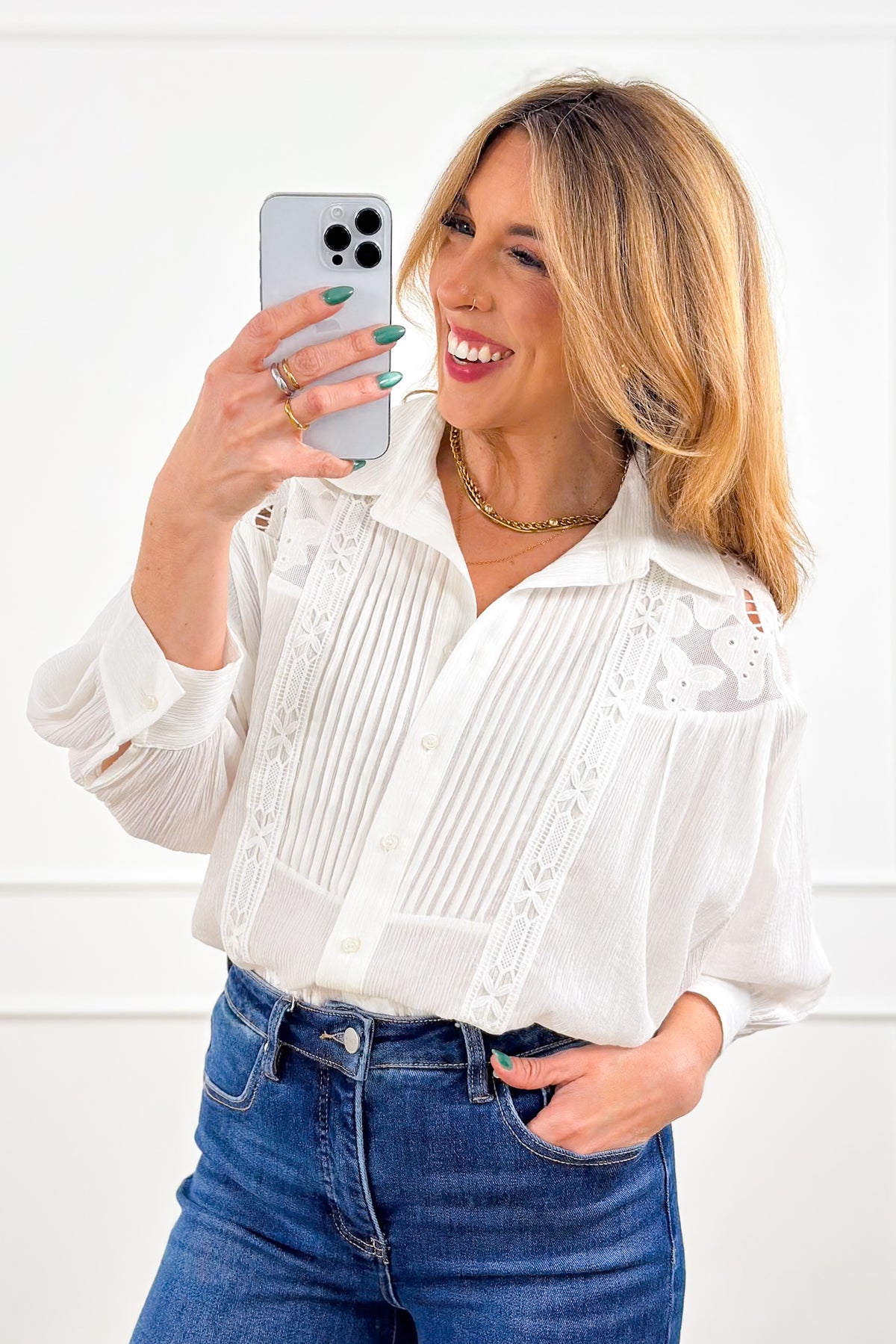Ivory Dolman Sleeve Button Down Top with Lace Accent - Freckled Poppy