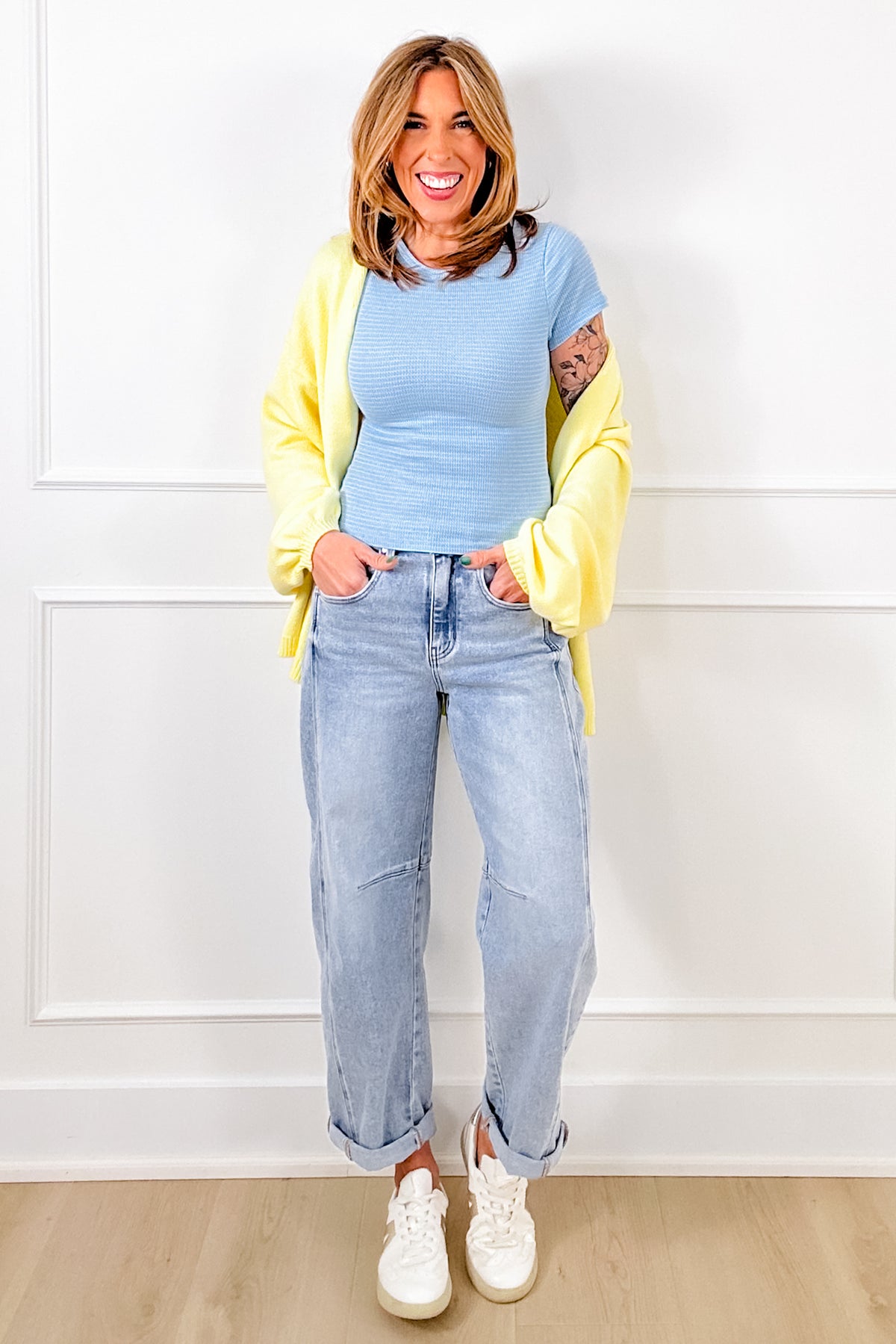 Striped Ribbed Knit Short Sleeve Crew Neck Top - Freckled Poppy