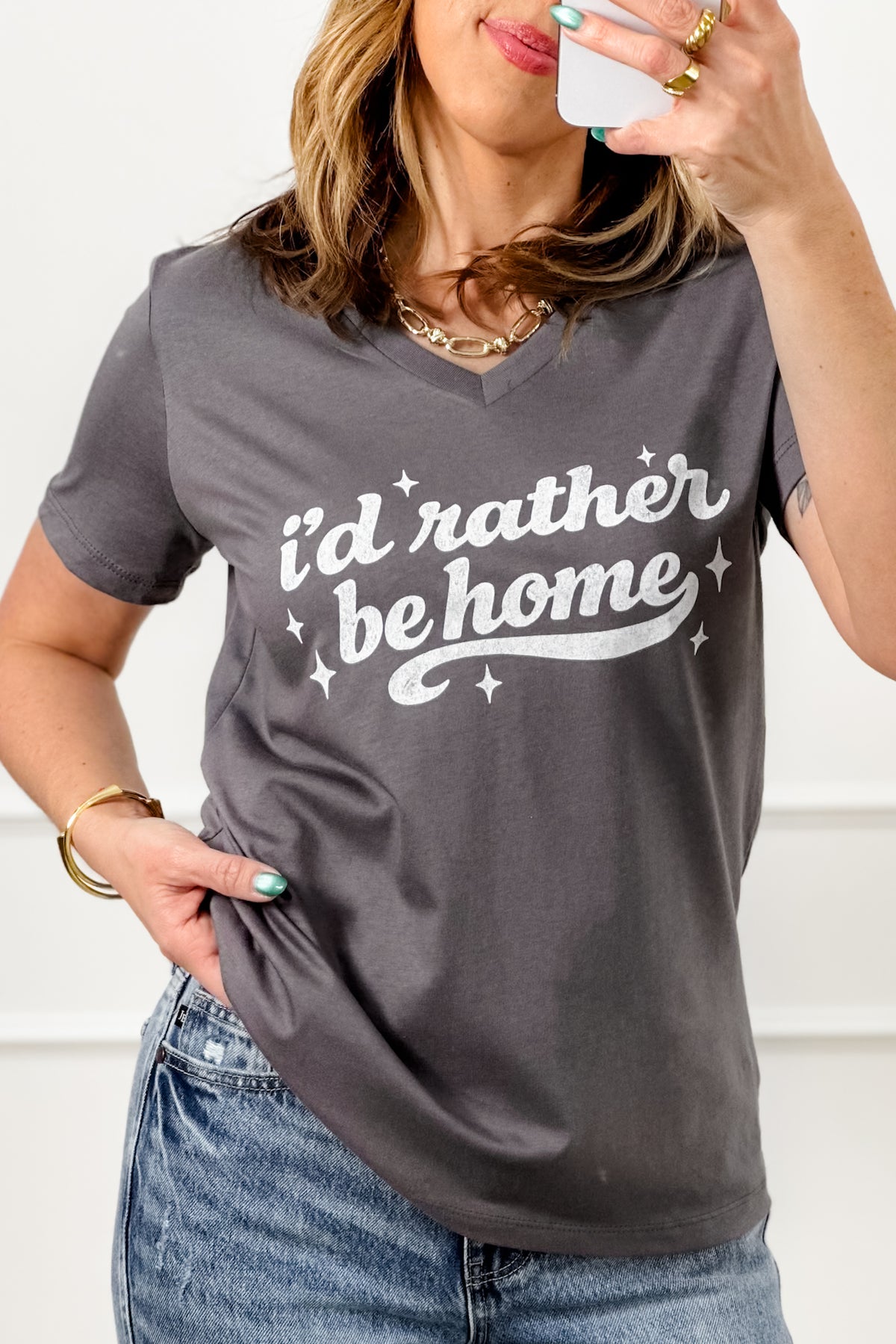 Plus/Reg Short Sleeve V-Neck "I'd Rather Be Home" Graphic Tee - Freckled Poppy