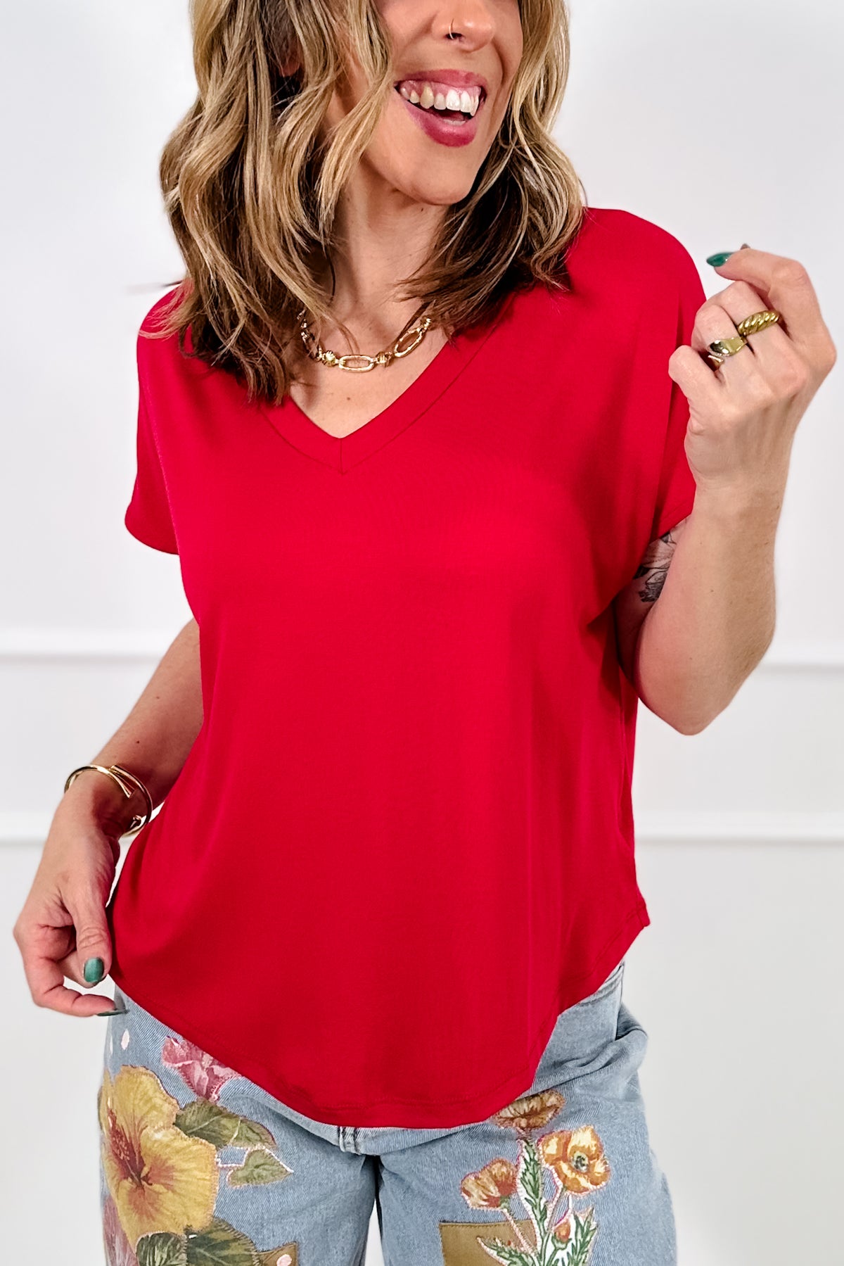 Plus/Reg Solid Relaxed Fit Short Sleeve V Neck Top - Freckled Poppy