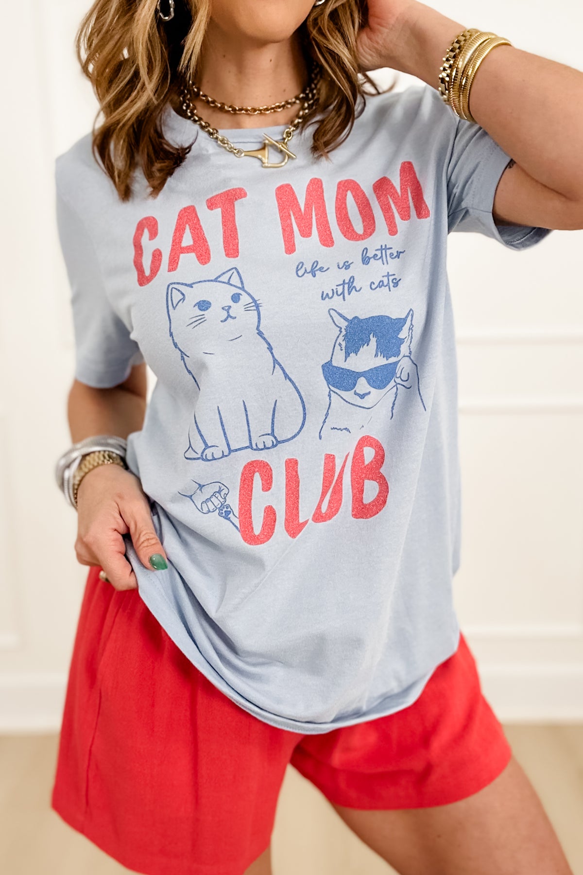 Plus/Reg Short Sleeve "Cat Mom Club" Graphic Tee - Freckled Poppy
