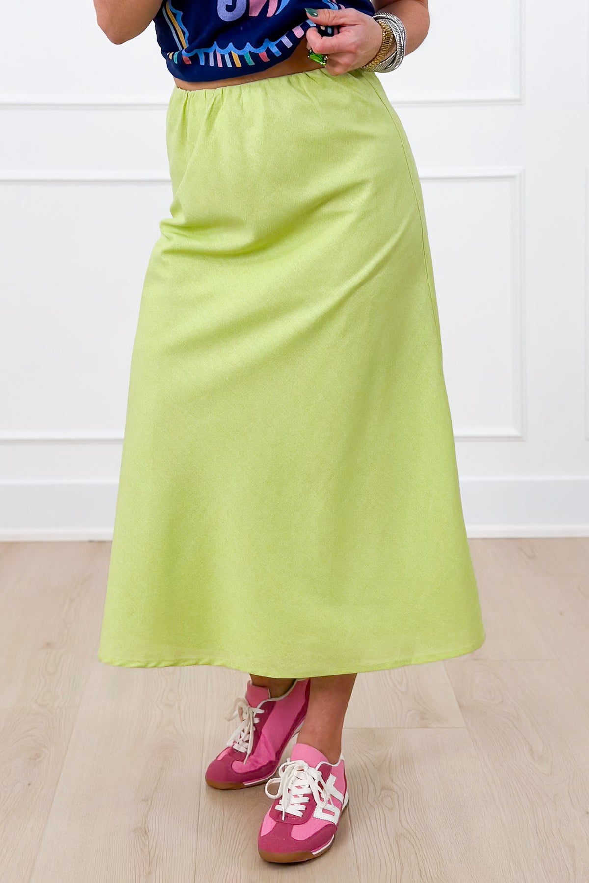 Linen Blend Elastic Waist A-Line Midi Skirt - Freckled Poppy
