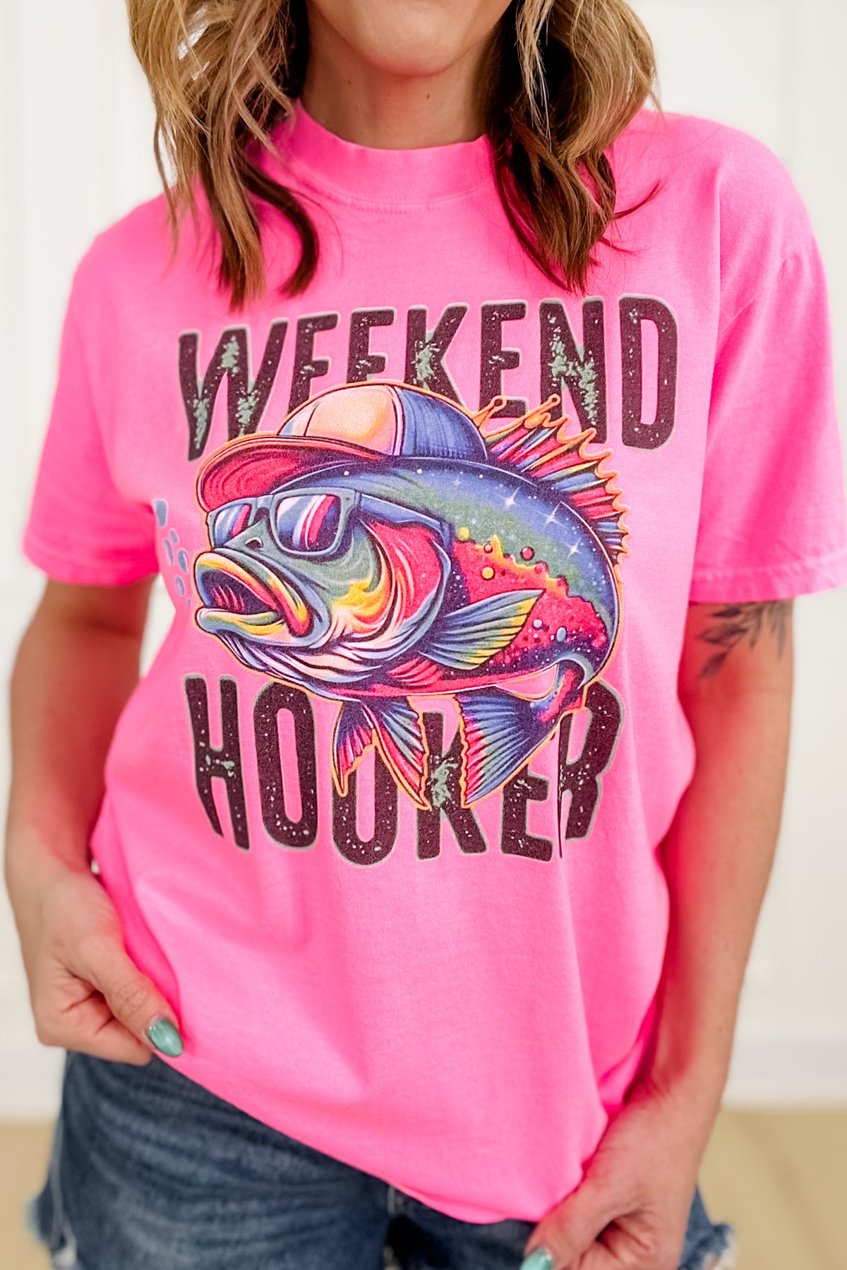 Plus/Reg Short Sleeve Bright Pink "Weekend Hooker" Graphic Tee - Freckled Poppy